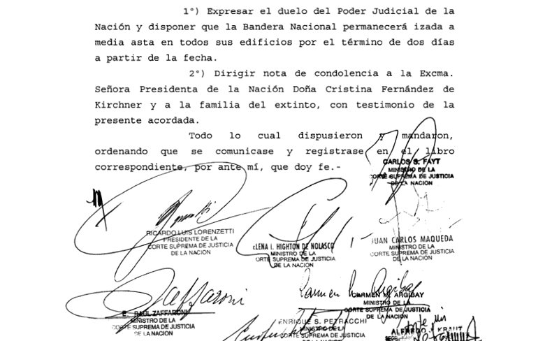 La Corte adhiere al duelo por el fallecimiento de Nstor Kirchner